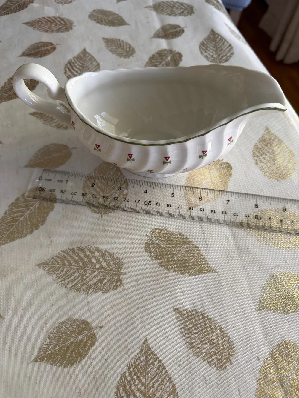 Laura Ashley thistle Gravy Boat with Green Rim Small Pink Floral Motif England